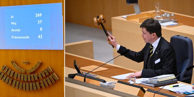 Resultatet av omröstningen/Talmannen Andreas Norlén klubbar beslutet TT