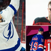 Tampa Bay Lightnings måltjuv Brayden Point, New Jerseys superstjärna Taylor Hall och bild från årets NHL-draft.