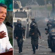 Juan Manuel Santos och bild från våldsamheterna i Venezuela.