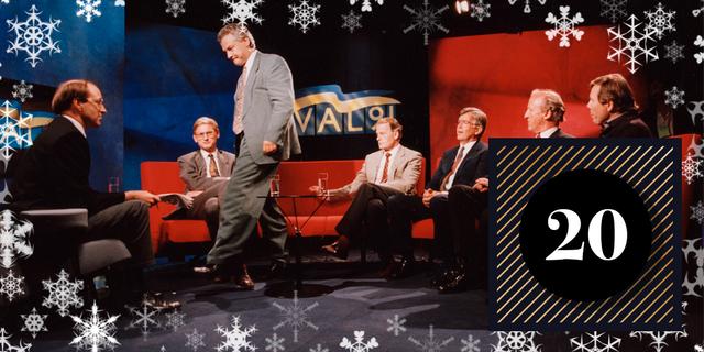 Bengt Westerberg lämnar SVT:s valvaka 1991. Bild: TT. Grafik: Omni/Hanna Röstberg.