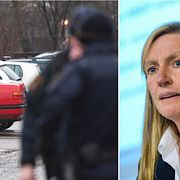 Poliser söker igenom parkeringsplatsen i närheten av polishuset i Uppsala/Till höger: Carin Götblad 