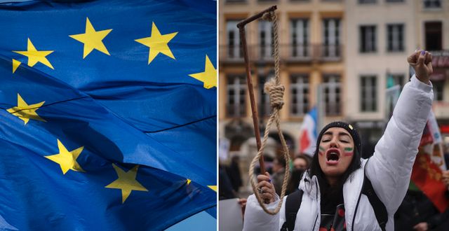 EU-flagga / Kvinna i Frankrike som demonstrerar mot styret i Iran. TT.