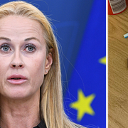 Katja Nyberg och polisens bild på den påse och ett så kallat snortrör som hittades i hennes handväska.