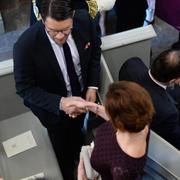 Åkesson hälsar på Kinberg Batra inför prins Nicolas dop söndagen den 11 oktober 2015.