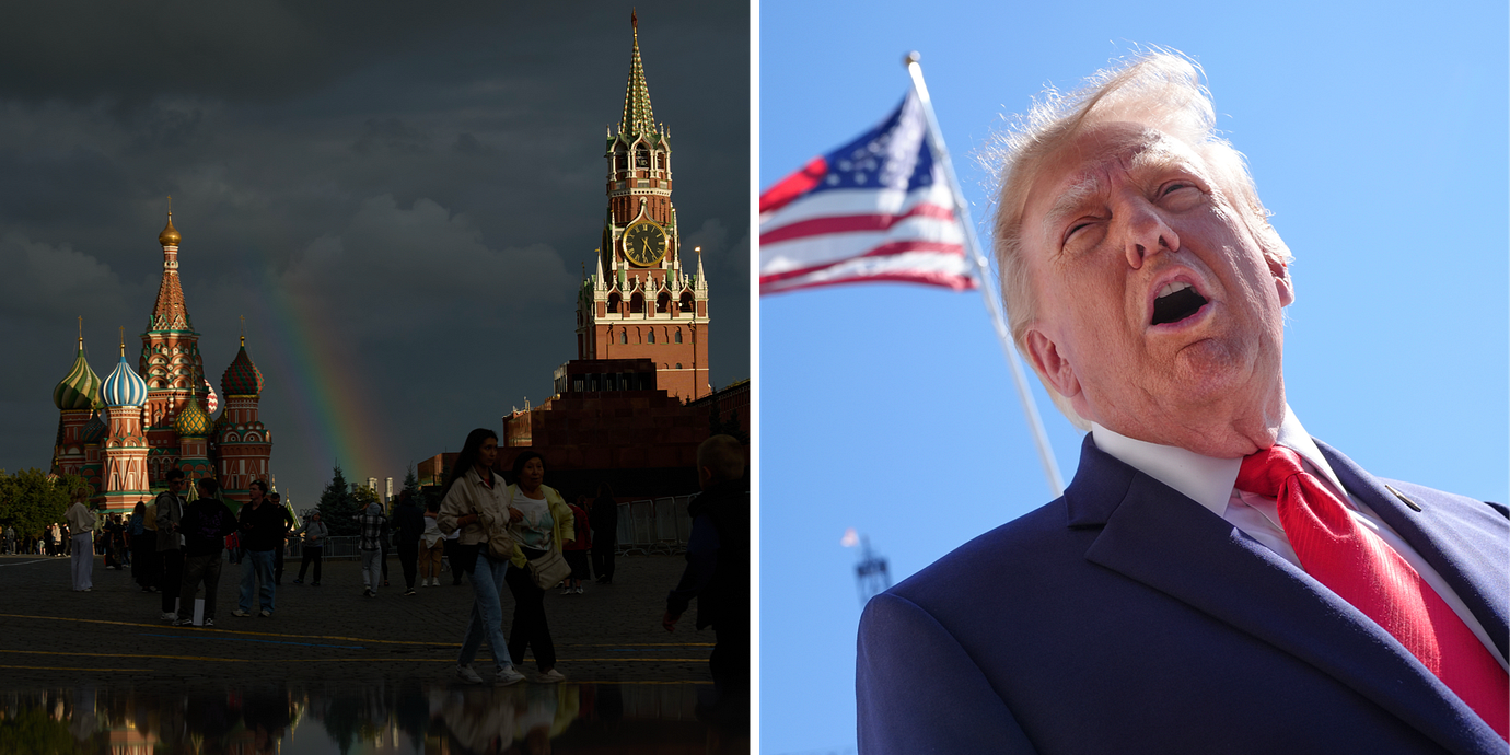 En bild från Moskva samt en bild på Trump.