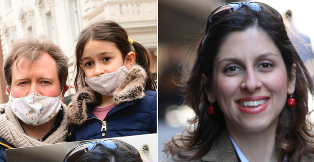 Nazanin Zaghari-Ratcliffes man och dotter utanför iranska ambassaden i London. 