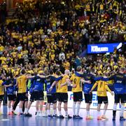 De svenska spelarna hyllas av publiken efter segern i lördagens match i handbolls-VM mellan Sverige och Kap Verde i Scandinavium.