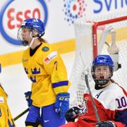 Tjeckiens Denisa Krizova jublar efter 4-2 målet under lördagens match i ishockey-VM mellan Sverige och Tjeckien i Metro Areena.