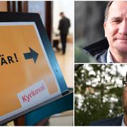 Till vänster: Röstning vid dagens kyrkoval. Till höger: Stefan Löfven (ovan), Jimmie Åkesson (nedan) (Arkivbilder)