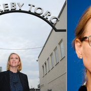 Vänster: Norges invandrings- och integrationsminister, Sylvi Listhaug från Fremskrittspartiet vid Rinkeby torg under sitt besök i stadsdelen. Till höger:  Migrationsminister Hélene Fritzon. 