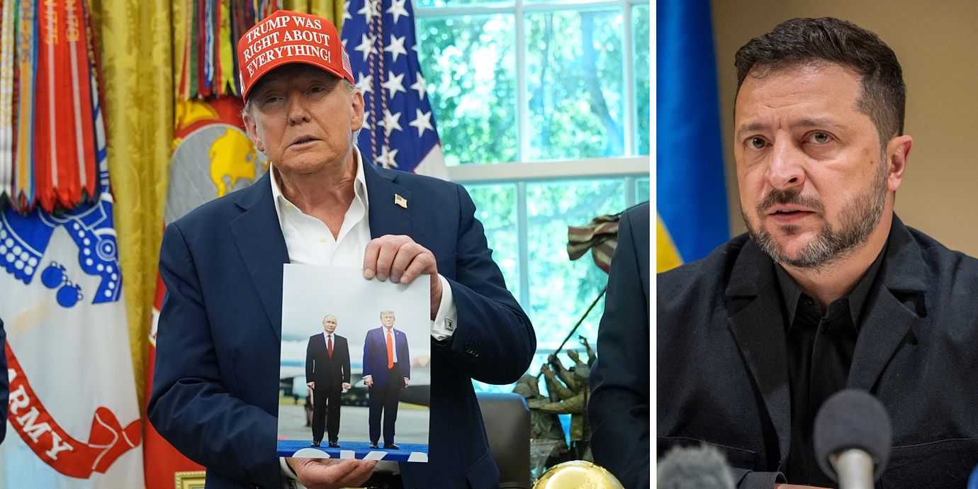 Till vänster: Donald Trump visar upp en bild på honom och Vladimir Putin. Till höger: Ukrainas president Volodymyr Zelenskyj under en pressträff i Kyjiv den 4 oktober.