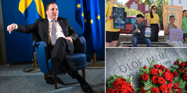 Stefan Löfven (S), protester mot utbyggnaden av Preems raffinaderi i Lysekil och blommor vid Olof Palmes grav. TT
