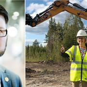 Riksdagsledamoten Edward Riedl (M). Trafikverkets generaldirektör Lena Erixon och statsminister Stefan Löfven (S) gör tummen upp efter att det första spadtaget i dag.