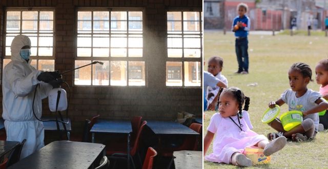Klassrum i Sydafrika desinficeras/skolbarn i Sydafrica.  TT