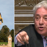 Konstverk som föreställer John Bercow med Boris Johnson och Jeremy Corbyns ansikten.