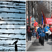 Bild från ett Gulagläger i Rumänien och Första maj-tåg i Stockholm i år.