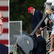 Till vänster: Den demokratiske senatorn Jon Ossoff under ett besök på en flygbas i Georgia den 26 april 2025. Till höger: Donald Trump och Natalie Harp i Washington den 16 augusti i år.
