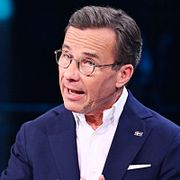 Moderaternas partiledare statsminister Ulf Kristersson (M) under den avslutande statsministerduellen på TV4, kvällen innan valet.