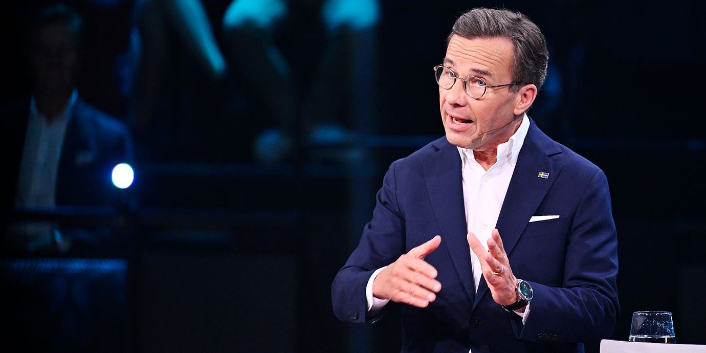 Moderaternas partiledare statsminister Ulf Kristersson (M) under den avslutande statsministerduellen på TV4, kvällen innan valet.