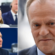 De svenska politikerna Sara Skyttedal (KD) och Tomas Tobé (M) intill Donald Tusk.