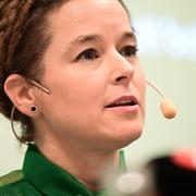 Miljöpartiets språkrör Amanda Lind (MP) håller en pressträff under Miljöpartiets kongress i Västerås på lördagen.