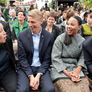 Arkivbild. Per Bolund tillsammans med Maria Wetterstrand, Alice Bah Kuhnke och Gustav Fridolin i Almedalen 2017.