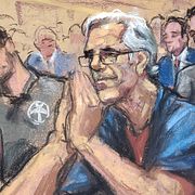 Jeffrey Epstein under en häktningsförhandling i sexhandelsmålet mot honom i New York i juli 2019. Domstolsteckning.