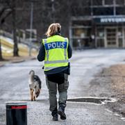 Polis med hund utanför skolan.