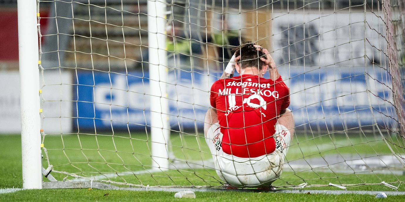Degerfors Noel Milleskog deppar under fotbollsmatchen i Allsvenskan mellan Degerfors och Västerås den 28 oktober 2026 i Degerfors.