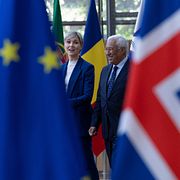 Islands statsminister Kristrún Frostadóttir och Europeiska rådets ordförande António Costa i Bryssel, 2025. 