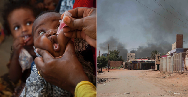 Arkivbild barn som vaccineras mot polio i Sudan/rök över Khartum tidigare i veckan. TT