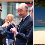 Spaniens ekonomiminister Roman Escolano med EU:s ekonomikommissionär Pierre Moscovici och Italiens finansminister Pier Carlo Padoan.