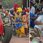 Till vänster: guru Ram Rahim Sing på en bild från 2016. Till höger: Anhängare till gurun väntar utanför domstolsbyggnaden.