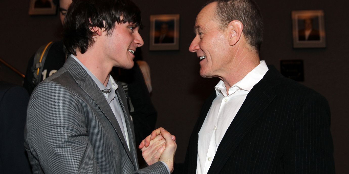 RJ Mitte och Bryan Cranston inför premiären av ”Breaking bads” sista säsong 2013.