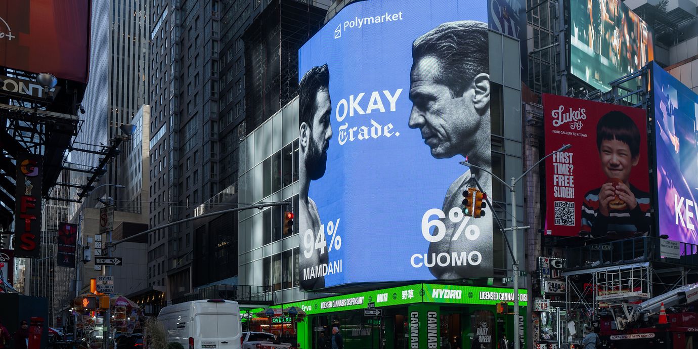 Polymarket-reklam för att spela på borgmästarvalet i New York, som Zohran Mamdani senare vann.
