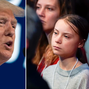 Donald Trump/Greta Thunberg lyssnar på Donald Trumps tal.