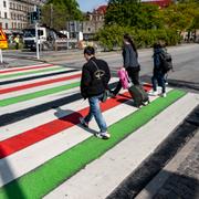 Övergångsställe på Bergsgatan vid Möllevångstorget i Malmö målat i de palestinska färgerna.
