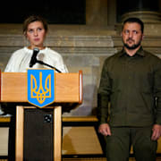 Ukrainas president Volodymyr Zelenskyj och hans fru Olena Zelenska. Stephanie Scarbrough / AP