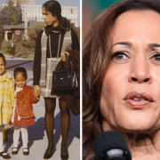 Donald Trump och Kamala Harris. I mitten en bild som Kamala Harris delade på Instagram 2021 som visar henne som barn (klädd i gult), tillsammans med sin mamma och lillasyster.