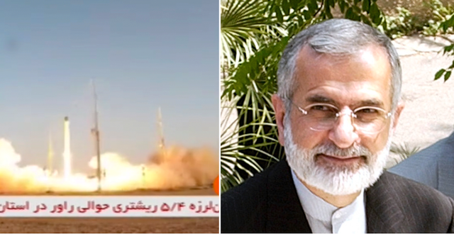 En iransk satellitraket på bilder från statlig TV 26 juni 2022 och Kamal Kharrazi 2005. AP och Darko Bandic