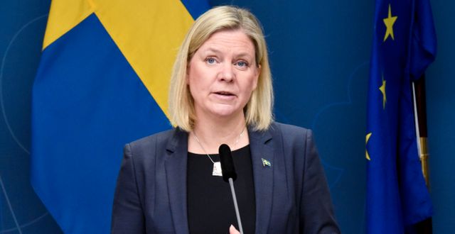 Magdalena Andersson under pressträffen. Marko Säävälä/TT