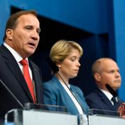 Statsminister Stefan Löfven, Annika Strandhäll, Morgan Johansson, justitsie- och inrikesminister, under en pressträff i Rosenbad. 