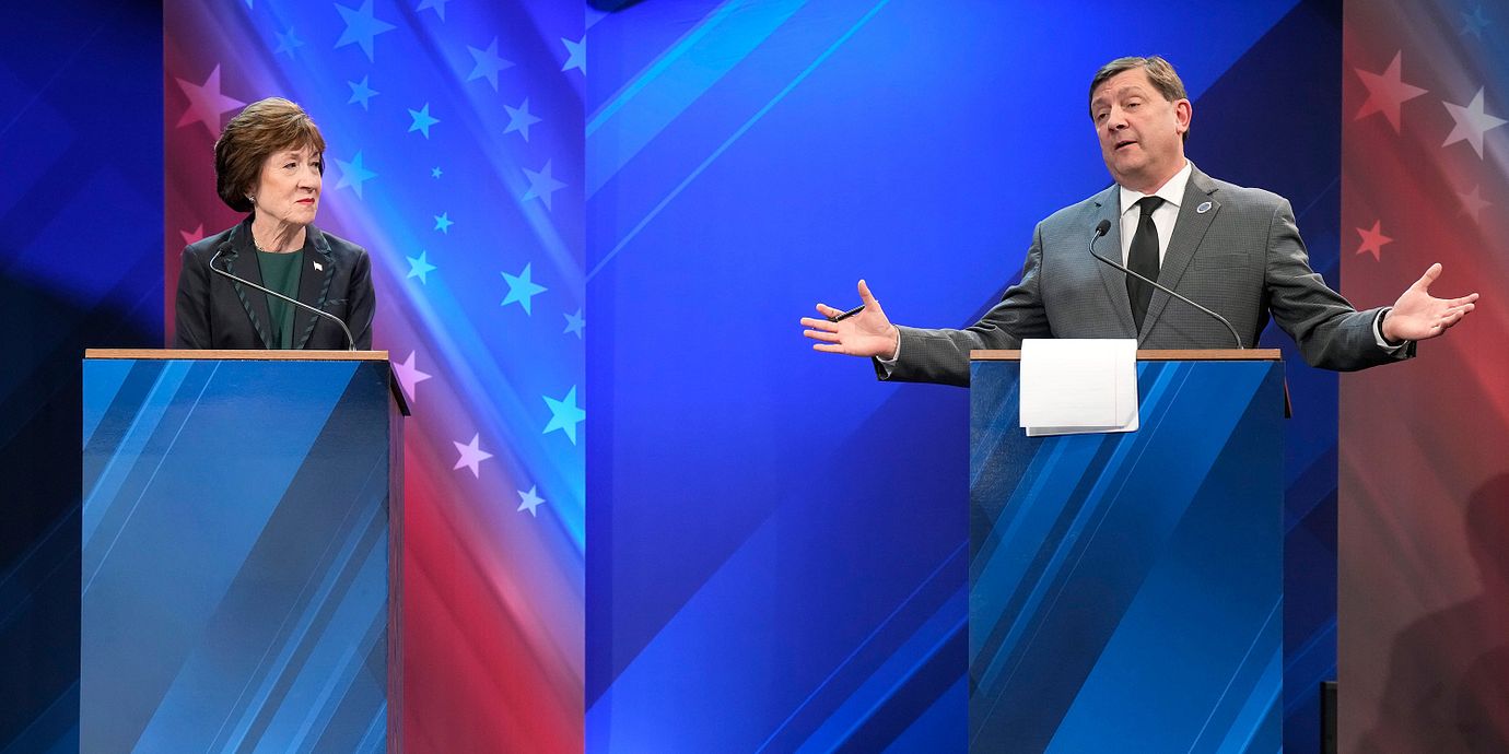 Susan Collins (R) och Troy Jackson (D) under en debatt.