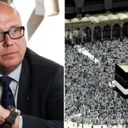 Magnus Ranstorp, till höger muslimska pilgrimer i Mecka.