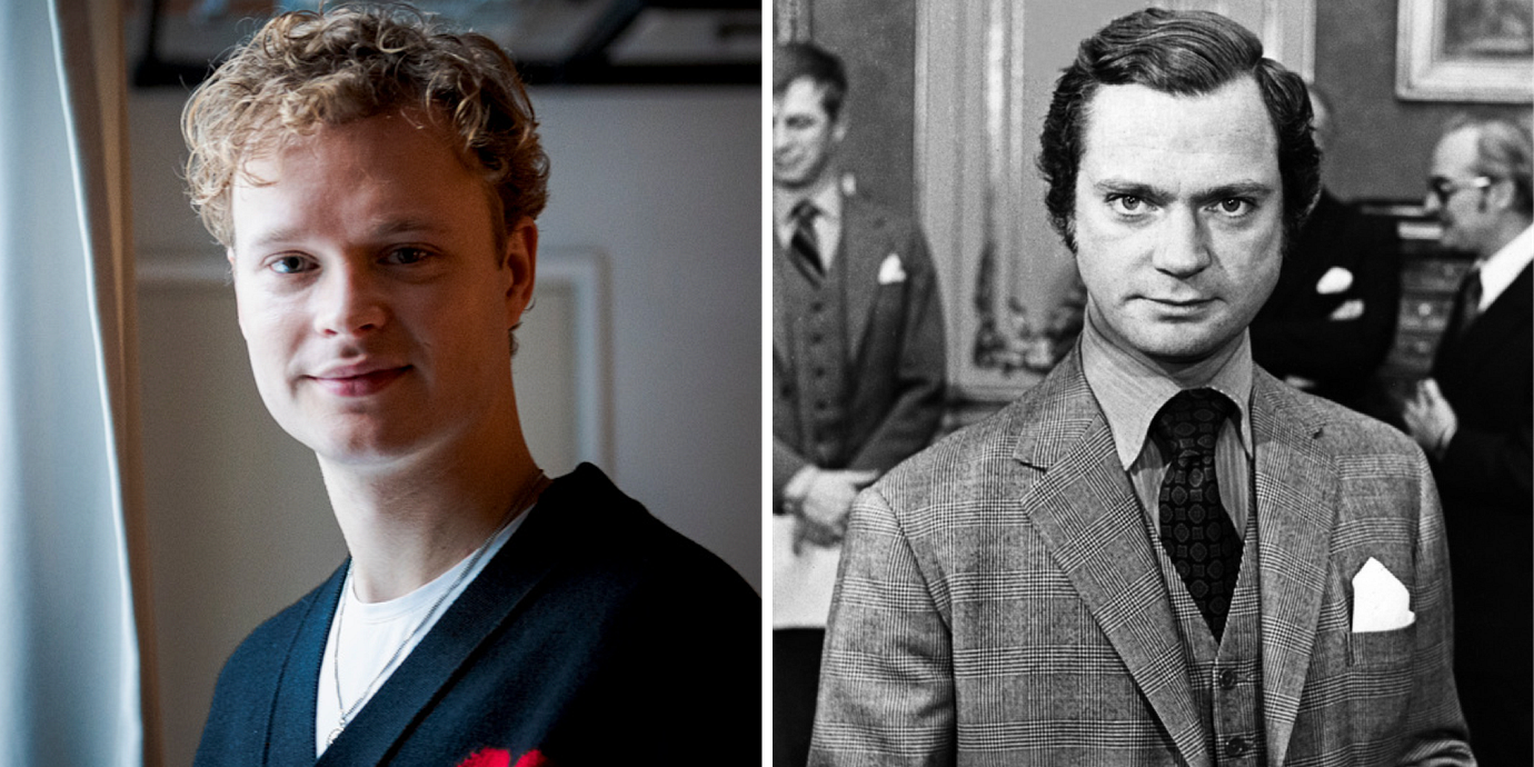 Edvin Endre spelar kung Carl XVI Gustaf i tv-serien ”Queen Silvia”. Bilden på kungen är tagen under OS i München 1972.