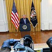 USA:s president Donald Trump i Vita huset under sitt tal till nationen i natt.