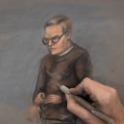 Teckning av Marius Borg Høiby under första rättegångsdagen. 