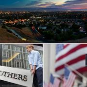 Silicon Valleys skyline, storbanken Lehman Brothers gick omkull vid finanskrisen 2008, Wall Street. Arkivbilder.