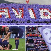 Fiorentinafansens tifo/den nye kaptenen Milan Badelj faller i gråt efter matche/Astoriflagga på läktaren.