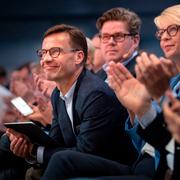 Partisekreterare Gunnar Strömmer (M), partiledare Ulf Kristersson (M) och Elisabeth Svantesson (M), ekonomisk-politisk talesperson i publiken under Moderaternas Sverigemöte i Göteborg.